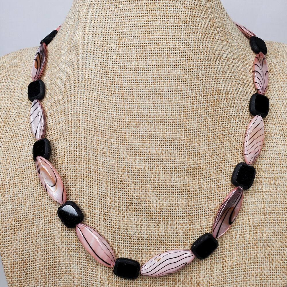 Vintage Necklace Pink w/ Black Beaded 19 Inch